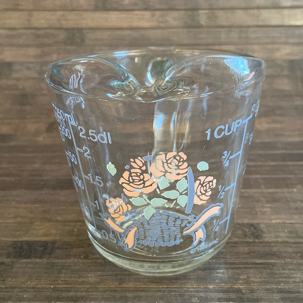 Vintage Anchor Hocking Ribbon Rose Glass 1 Cup Measuring Cup 1989 Pink Blue